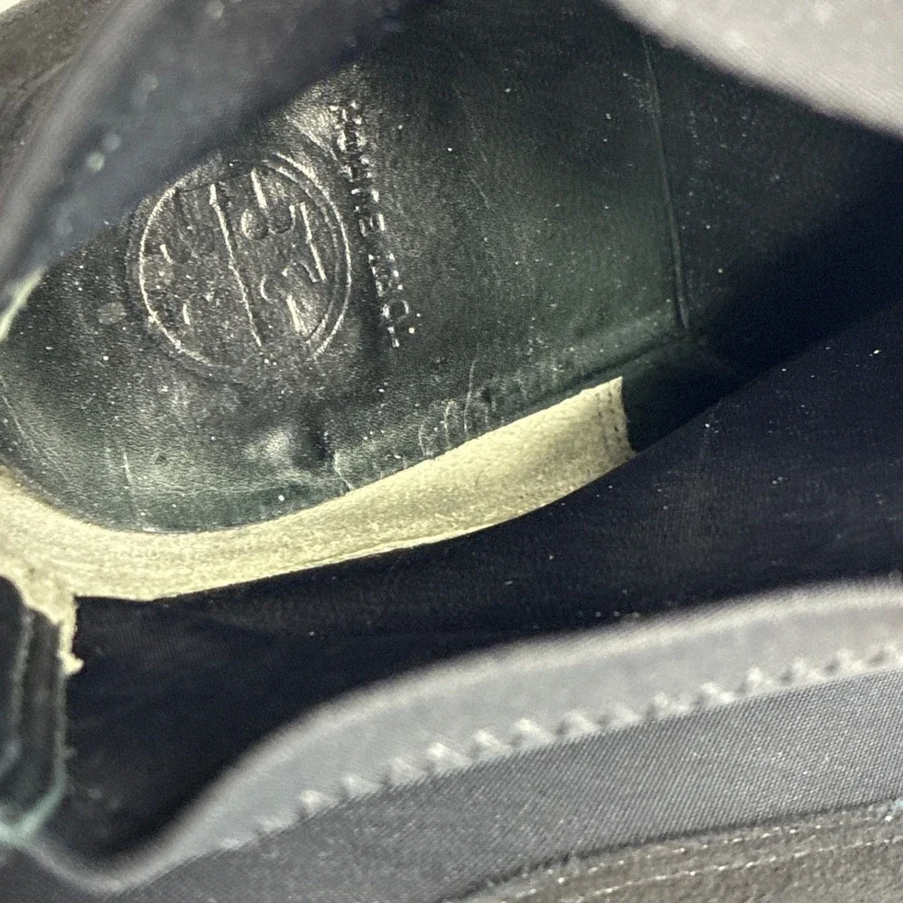Tory Burch Black Suede Neoprene Wedge Ankle‎ Boots Logo Heel 10M